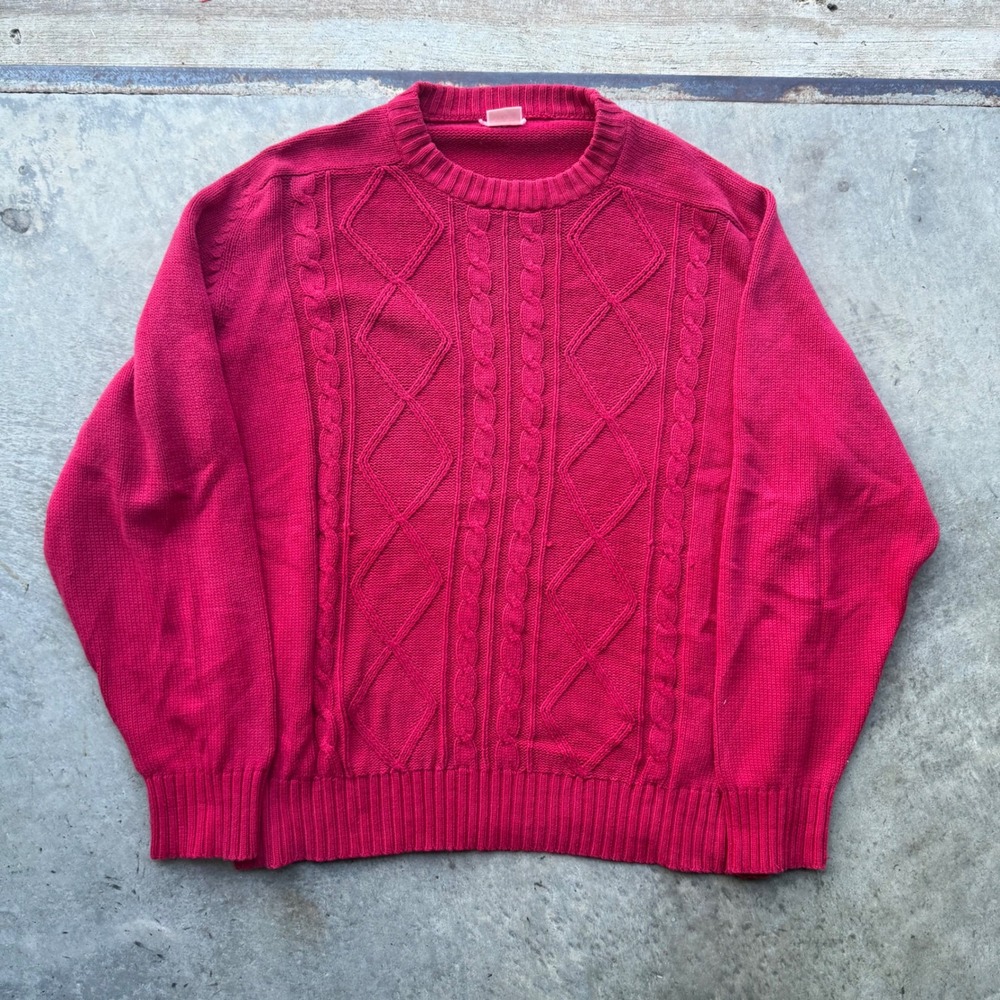 Vintage Red Cable Knit Crew Neck Sweater Diamond Pattern Large Pullover